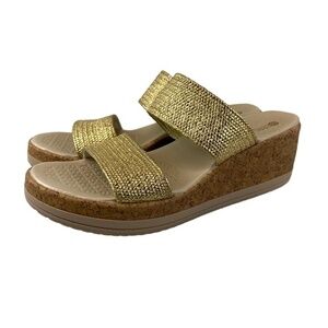 Bzees Womens Size 9.5M Resort Gold Fabric Platform Wedge Sandals Beach Summer